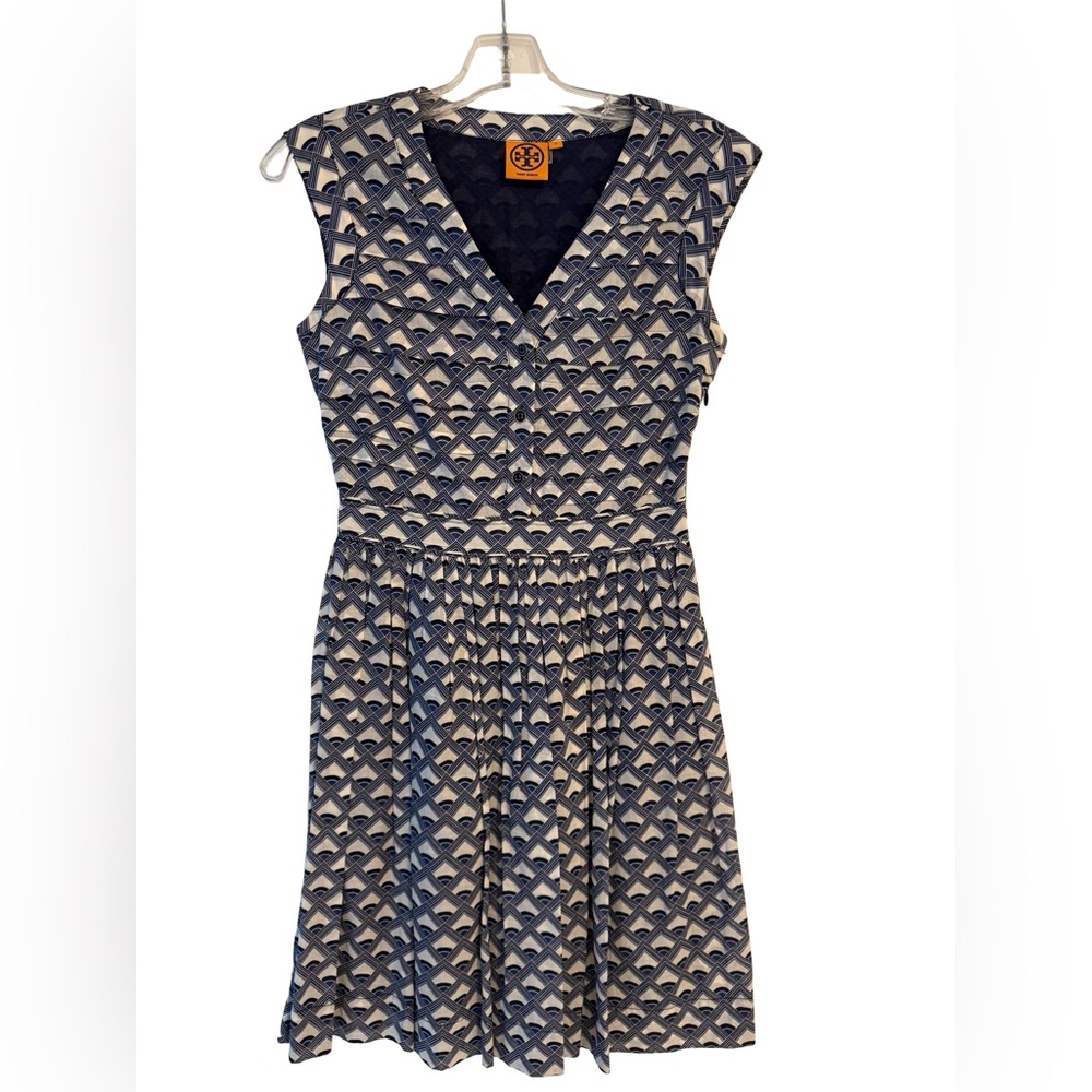 Tory Burch Blue Geometric Print Sleeveless Dress Women’s Size 0 Cotton midi